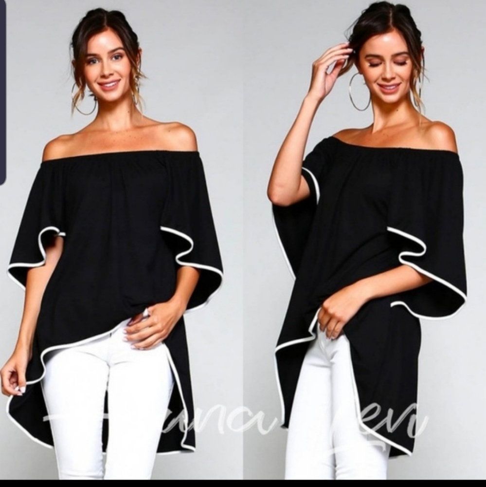 Off shoulder contrast trim high low tunic DRE